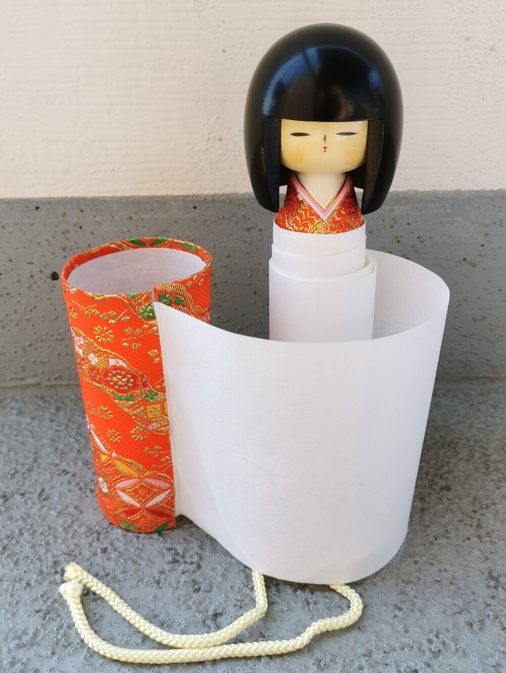 Vintage Japanese Kokeshi Message Doll Scroll Holder Brocade Kimono 9"